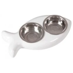 Ciotole Doppie Per Gatto A Forma Di PESCE Bianco